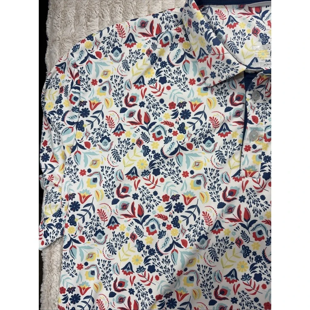 Swannies Men XL Floral Hawaiian AOP Golf Polo Stretch Covered Bridge Logo EUC - Picture 6 of 16